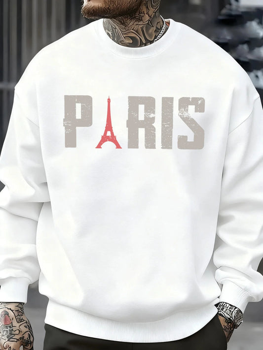 Famous Paris Tower Pattern Sweatshirt Men O-Neck Clothes Autumn Fleece Retro Pullover Loose Unisex Colour Fashion Streetwear