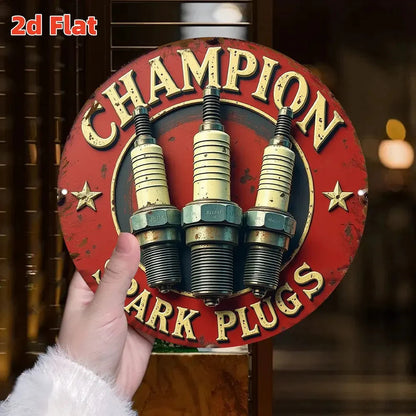 Vintage Champion Spark Plug Logo Metal Wall Art - 19.81cm Round Aluminum Sign with Red & Golden Racing Design, Automotive Engine