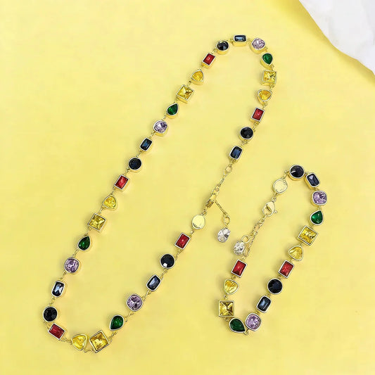 Luxury Fashion Women's Jewelry Colored Gems Set Sterling Silver Necklace Bracelet Plated With 18K Rose Gold Banquet Party