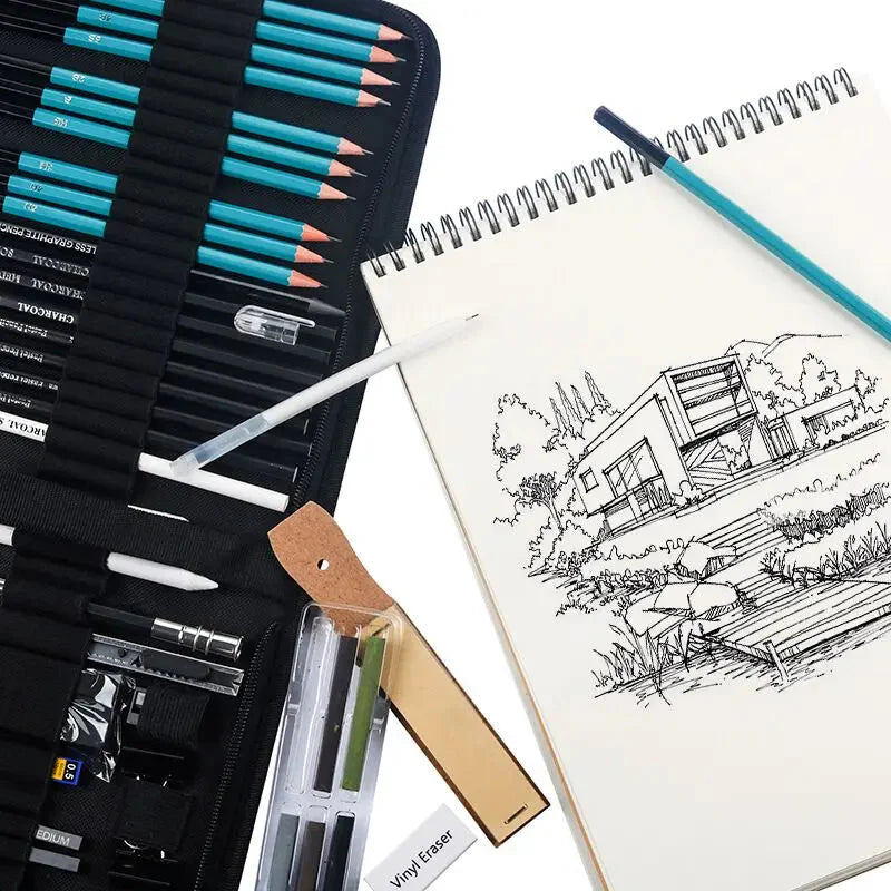 Bview Art 50 Pack Drawing Sketching Supplies Set Sketch Kit with Sketchbook Graphite Charcoal Pastel Pencil