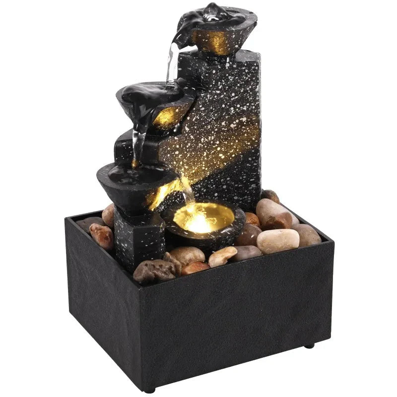 Desktop Art Waterfall Fountain with LED Light, Small Indoor Zen Ornament for Home Living Room Bedroom Office Decor