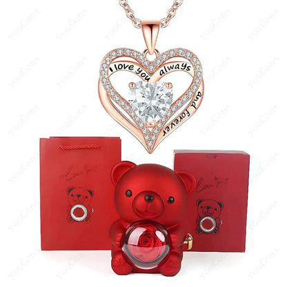 Red Heart Pendant Necklaces With Cute Bear Rose Gift Box For Women Mother Day 2026 Christmas Valentine Wedding Birthday Jewelry