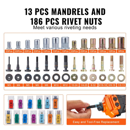 SucceBuy 14" 16" Rivet Nut Tool Rivnut Tool Kit with Metric and SAE Mandrels 70PCS/186PCS Rivet Nuts With Rugged Carrying Case