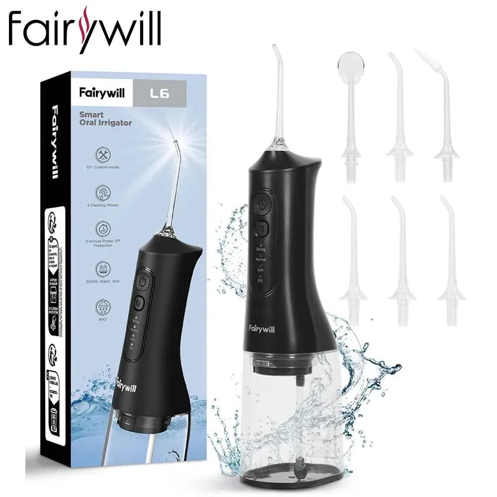 Fairywill Portable Oral Irrigator - 300ML Cordless Water Flosser with 6 Jet Nozzles