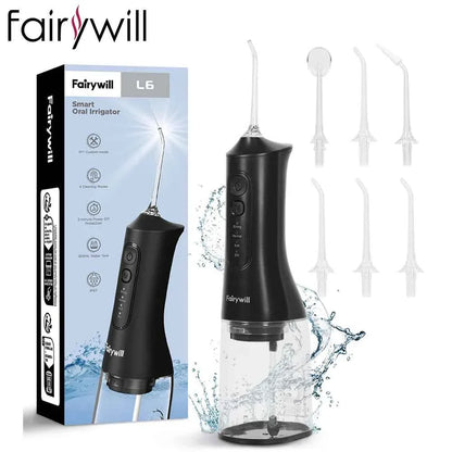 Fairywill Portable Oral Irrigator - 300ML Cordless Water Flosser with 6 Jet Nozzles