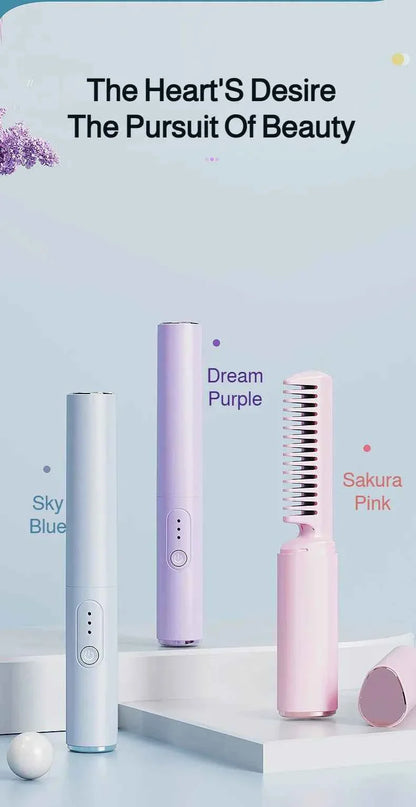 USB Wireless Hair Straightener with Curling and Straightening 2-in-1 Travel Portable Rechargeable Curling Iron  for Less Frizz,