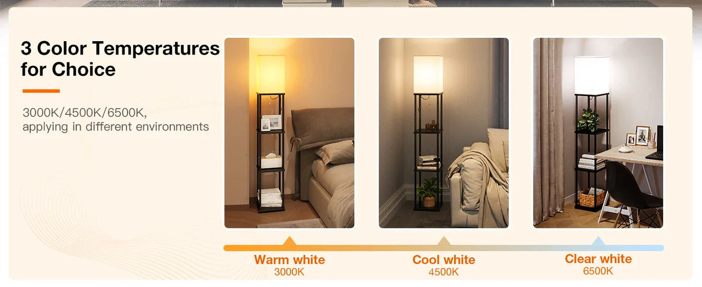Modern Shelf Floor Lamp with Shade and LED Bulb Corner Display Lamps Shelves for Living Room Bedroom Office Black