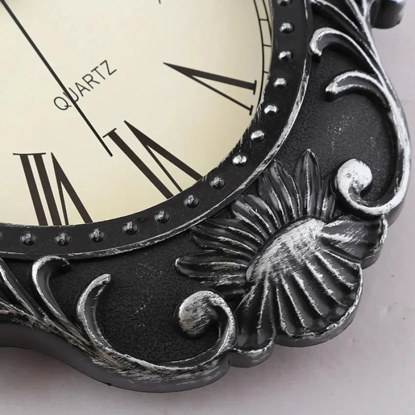 14" Vintage European Court elegance classical Style Wall Clock with Electroplated Black Gold/Silver & Roman Numerals for bedroom