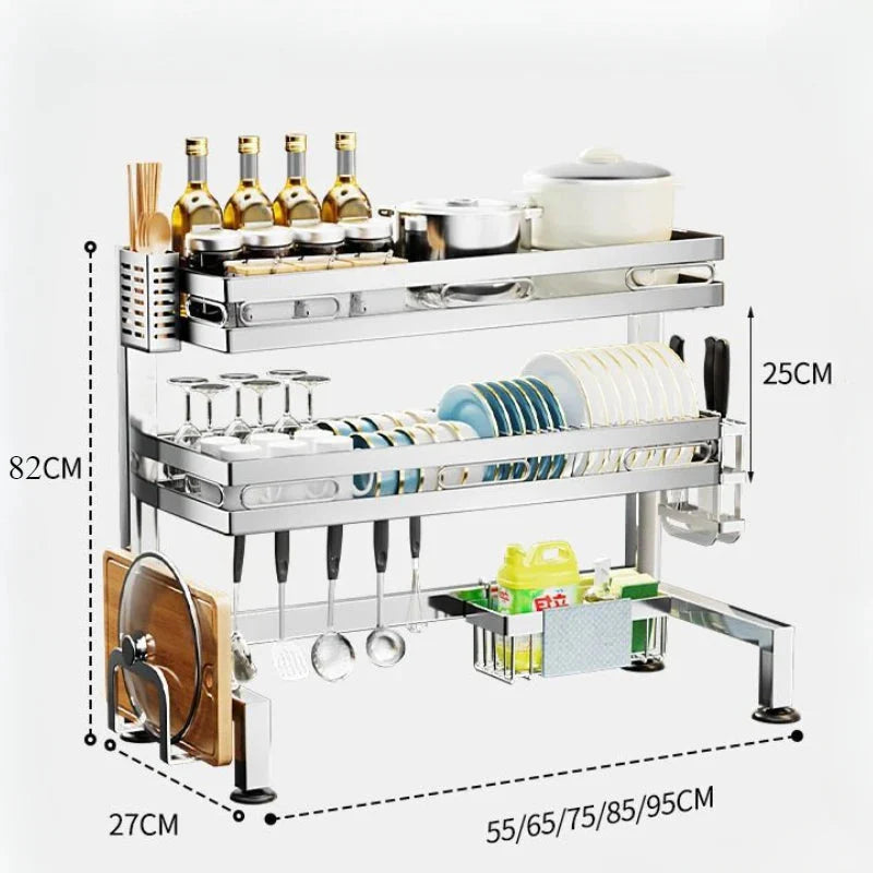 Stainless Steel Sink Shelf Bowl Drain Rack Kitchen Storage Rack Multifunctional Dish Cutlery Knife Spoon Sink Rack Set Organizer
