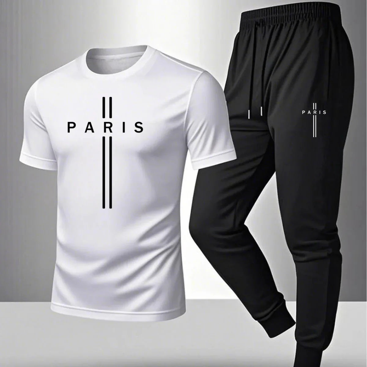 2026 NEW Men's Summer Casual Pants+Short Sleeve T-shirt Set Paris Paris Paris Printed Two Piece Set Men's Sports Set