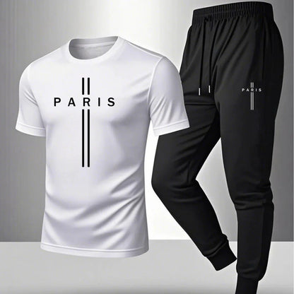 2026 NEW Men's Summer Casual Pants+Short Sleeve T-shirt Set Paris Paris Paris Printed Two Piece Set Men's Sports Set