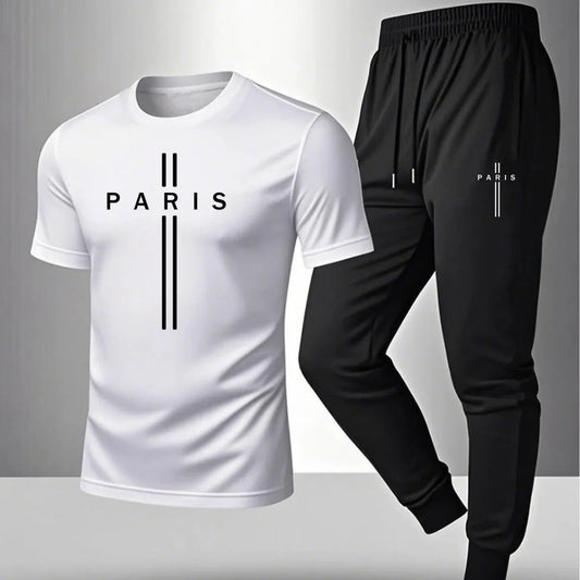 2026 NEW Men's Summer Casual Pants+Short Sleeve T-shirt Set Paris Paris Paris Printed Two Piece Set Men's Sports Set