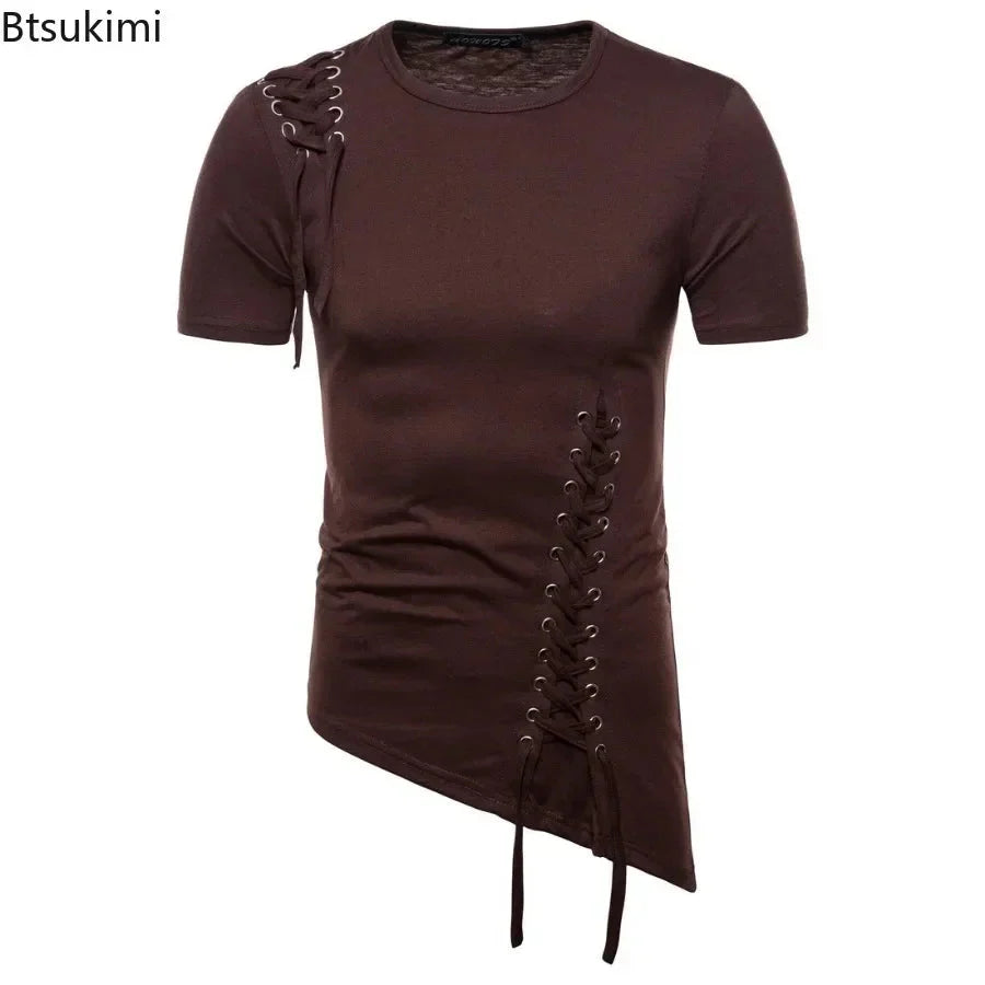 New2026 Men's Summer Short Sleeve T-shirts Trend Irregular Design Lace Up Solid Slim Tees Fashion Gothic Style Casual Shirts Men