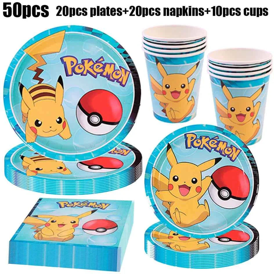 Pokemon Birthday Party Decorations Paper Tableware Plates Napkins Cups Pikachu Birthday Tablecloth Party Supplies Children Gifts