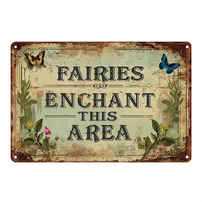 Enchanted Fairy Garden Metal Sign (8"x12") - Whimsical Wall Art with Butterflies & Flowers for Magical Home Decor