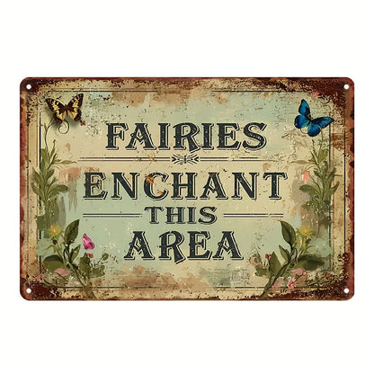 Enchanted Fairy Garden Metal Sign (8"x12") - Whimsical Wall Art with Butterflies & Flowers for Magical Home Decor