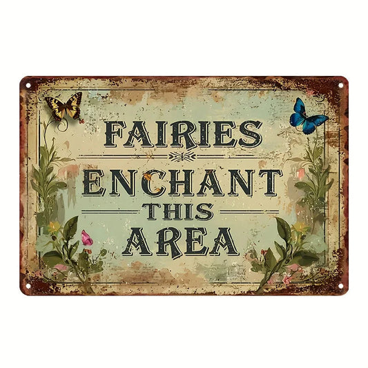 Enchanted Fairy Garden Metal Sign (8"x12") - Whimsical Wall Art with Butterflies & Flowers for Magical Home Decor
