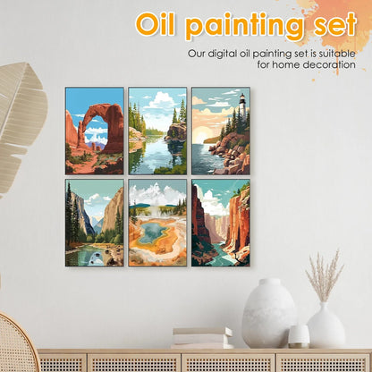 6Pcs Beginners Oil Painting Set Paint by Numbers Kit with Canvas and Brush Accessories Painting Kit for Home Office Wall Decor