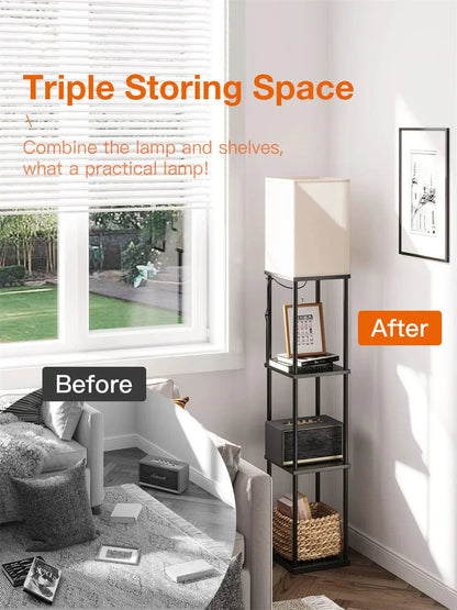 Modern Shelf Floor Lamp with Shade and LED Bulb Corner Display Lamps Shelves for Living Room Bedroom Office Black