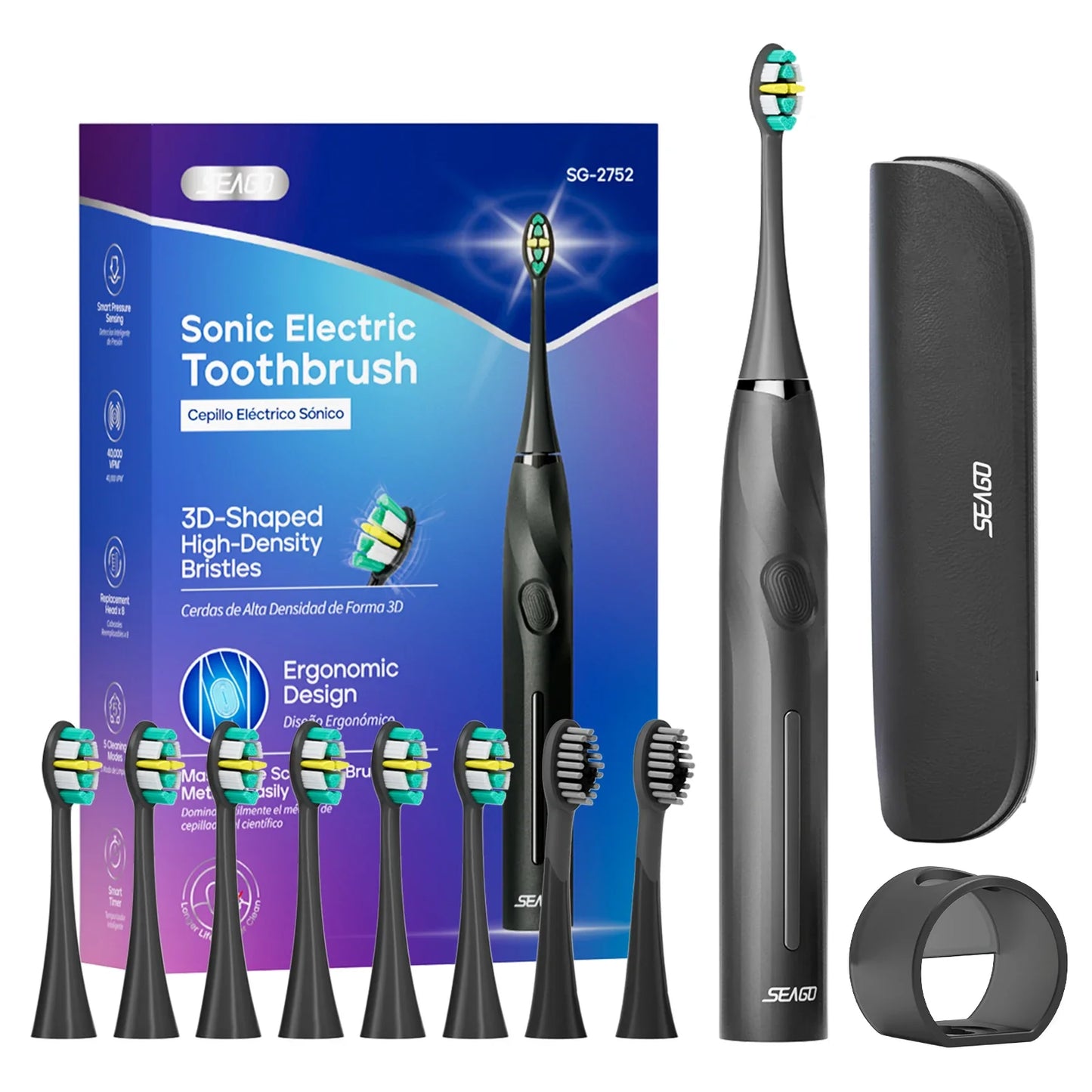 SEAGO Electric Toothbrush with 8 Soft Bristle Heads for Adults Pressure Sensor 5 Modes with 2 Minutes Smart Timer SG-2752