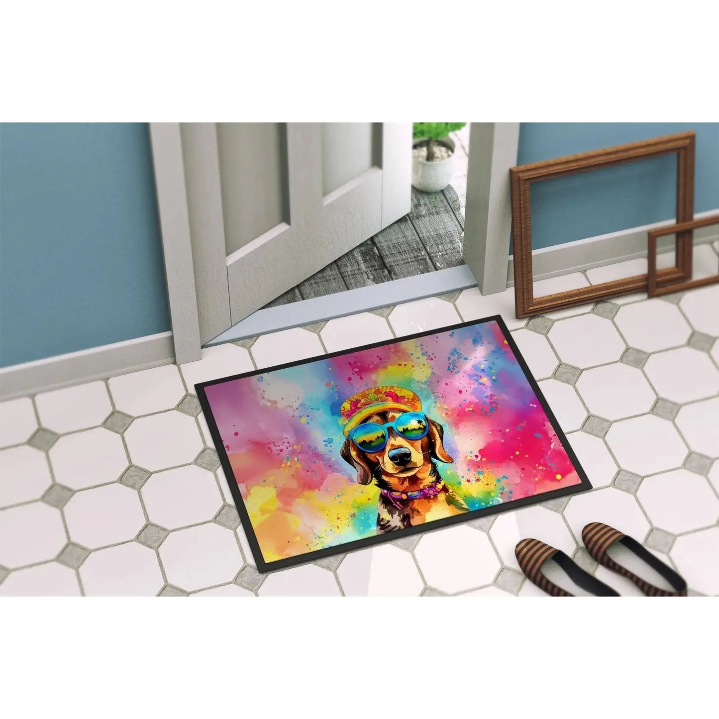 Dachshund Hippie Dawg Doormat Non-Slip Washable Low Pile 24H X 36W Indoor Outdoor Front Door Mat for Entryway