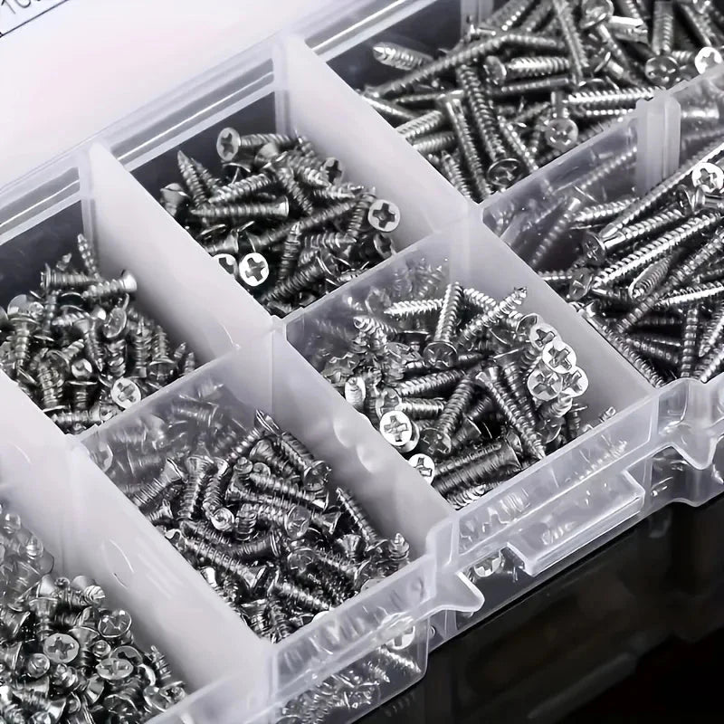 Box of 560 Self-Tapping Wood Screw Set - Includes 8 Different Sizes of M2 Phillips Flat Metal Screw Classification Kit
