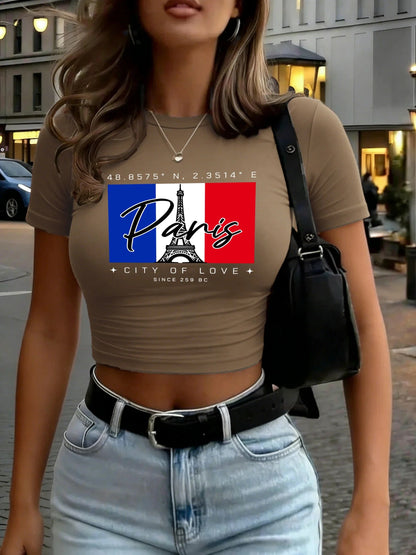 Paris City Of Love Since 259 Art Letter Print Women T Shirt Summer Short Sleeve Hip Hop Crewneck Clothes Slim Yoga Crop T-Shirts