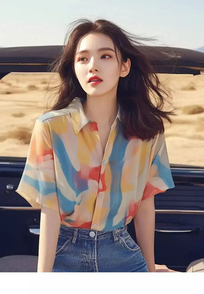 French Chic Top Print Versatile Elegant Casual Chiffon Short-sleeved Shirt for Women