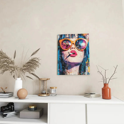 Vibrant modern canvas art - stylish women, floral hair and stylish glasses, 1.5 inch thick pine frame, interior decor