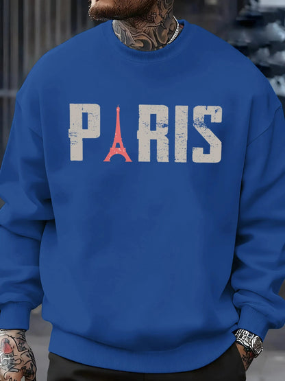 Famous Paris Tower Pattern Sweatshirt Men O-Neck Clothes Autumn Fleece Retro Pullover Loose Unisex Colour Fashion Streetwear