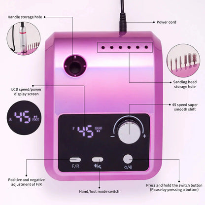 45000RPM Nail Drill Machine Professional Nail Lathe with Large LCD Screen Smart Electric Manicure Polisher Nail Art Tools
