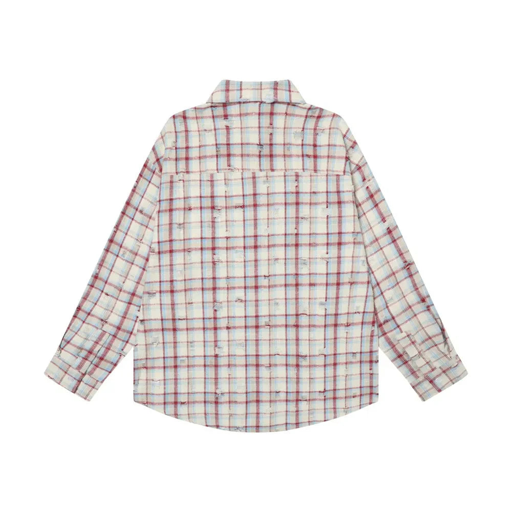 Ripped Plaid Long Sleeve Shirts Mens Pocket Autumn High Street Loose Lapel Single Breasted Checked Shirt Men