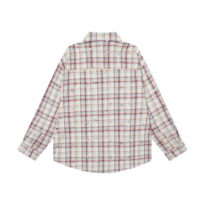 Ripped Plaid Long Sleeve Shirts Mens Pocket Autumn High Street Loose Lapel Single Breasted Checked Shirt Men