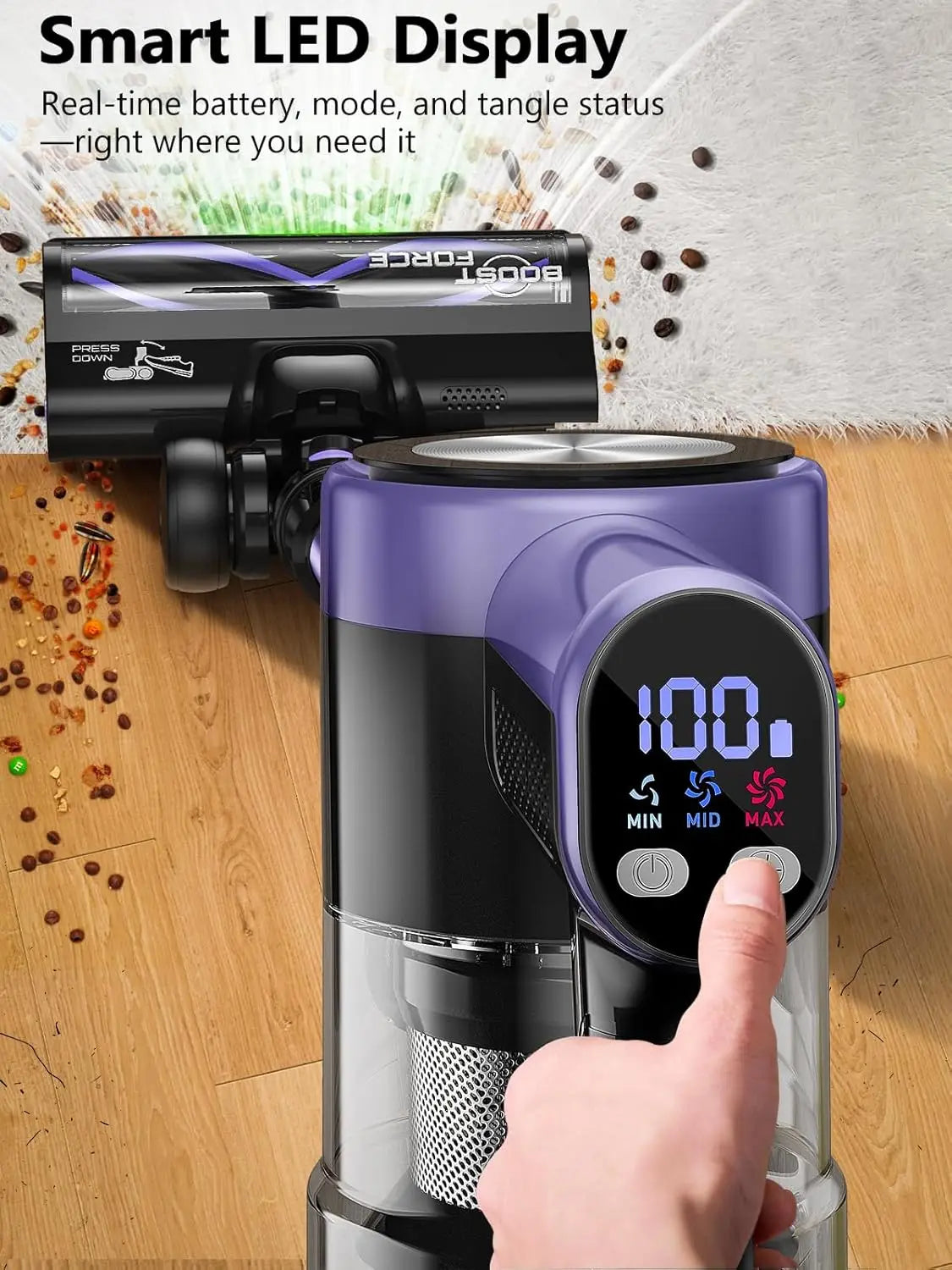CordlVacuum Cleaner, 46KPa/500W Stick Vacuum with 55 Mins Runtime, Self-Standing Vacuum Cleaner for Home, LED Display, Anti