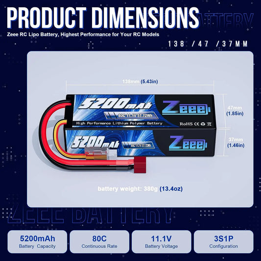 Zeee 3S LiPo RC Battery 11.1V 5200mAh 80C Hardcase w/ Plugs