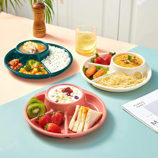 Reusable Round Plastic Divided Dinner Plate With Fork Spoon Salad Plate Dishes Student Kid Food Plate Dishwasher&Microwave Safe