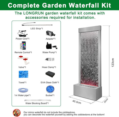 Mirror Waterfall Fountain Indoor, 48" Water Feature With 7 Colors Light, Self-Contained LED Kit, Large Stainless Steel Home Deco