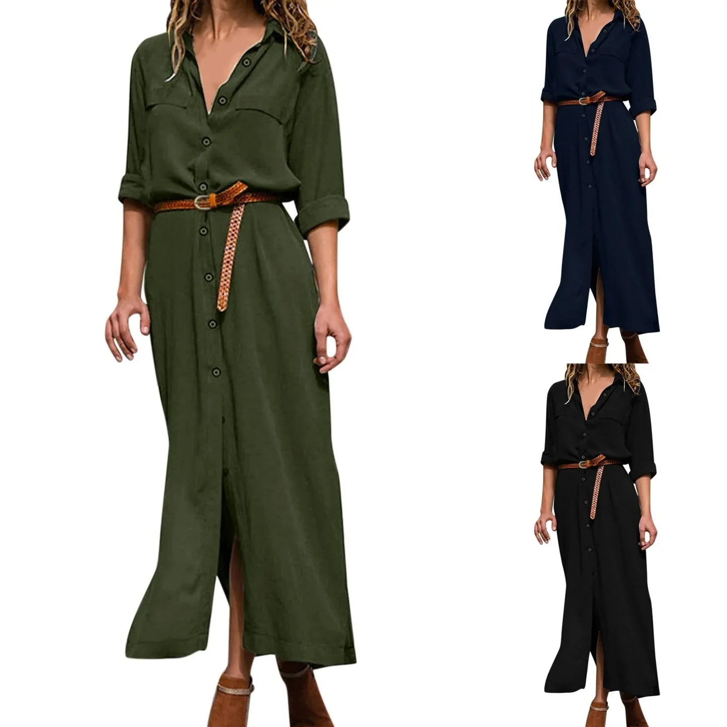 Womens Lace Up Tunic Dresses Summer Streetwear Long Sleeve Shirt Dresses With Belt casual Solid Color Linen Maxi Dress for women