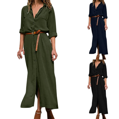 Womens Lace Up Tunic Dresses Summer Streetwear Long Sleeve Shirt Dresses With Belt casual Solid Color Linen Maxi Dress for women