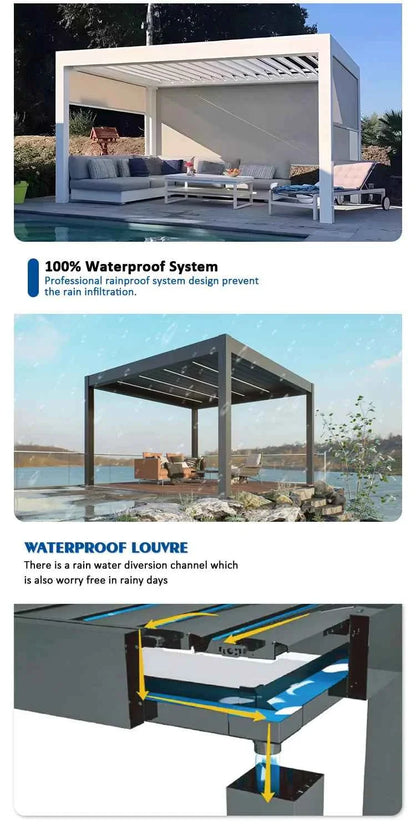 Motorized Aluminum Bioclimatic Pergola - Waterproof Electric Shutter Garden Gazebo