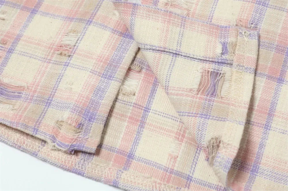 Ripped Plaid Long Sleeve Shirts Mens Pocket Autumn High Street Loose Lapel Single Breasted Checked Shirt Men