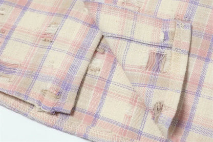Ripped Plaid Long Sleeve Shirts Mens Pocket Autumn High Street Loose Lapel Single Breasted Checked Shirt Men