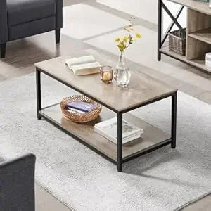 Coffee Tea Table with Metal Frame, Coffee with Open Storage Shelf, Vintage Accent Furniture for Living Room