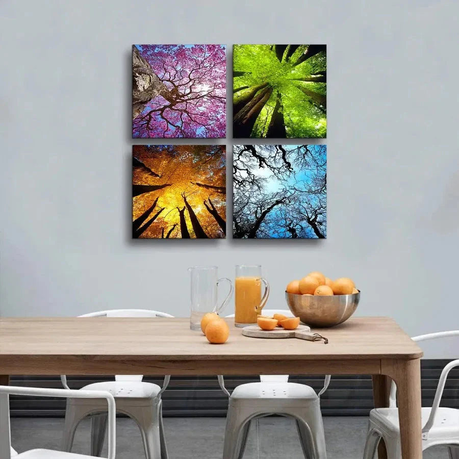 4 Panels Canvas Wall Art Spring Summer Autumn Winter Four Seasons Landscape Tree Painting Prints Modern Giclee Artwork Stretche