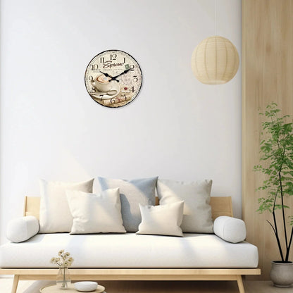 European Retro Coffee Cup Pattern Wooden Wall Clock for Living Room, Bedroom, Kitchen, Home Decoration, Silent Quartz Clock, Holiday Gift, 10 Inches, 12 Inches (No Battery)
