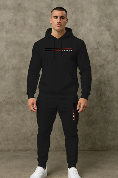 Men's Classic Personalized Fashion Paris Alphabet Stripe Printed Machine Washable Hooded Sweatshirt and Pants Casual Sports Set