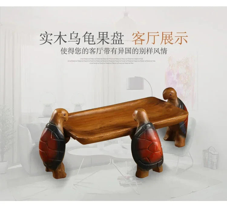Solid Wood Fruit Plate for Home Living Room, Coffee Table Tray, Three Turtles Base Side Polished, Smooth Eco Friendly Wood Wax O