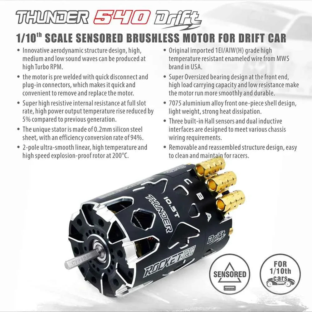 Rocket-RC Thunder 540 Sensored Brushless Motor 10.5T 13.5T 2-3S 3.175 mm Shaft for 1/10 RC Racing Drift Car Parts Surpass Hobby