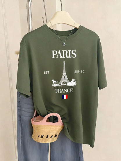 Paris France Eiffel Tower Prints T-Shirts Women Summer Basic Short Sleeve Tops O-Neck Loose T Shirts Basics Soft Womans Clothes
