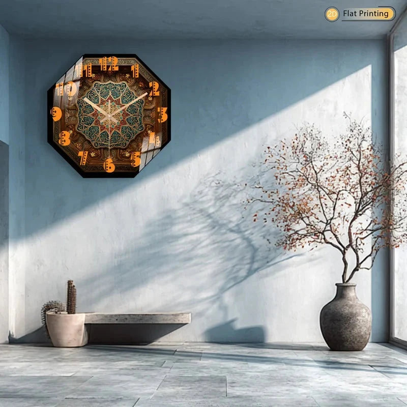 2D-Flat Distinctive Islamic Calligraphy Octagon Intricate Geometric Wall Clock for Office Kitchen Halloween Mother's Day Gifts